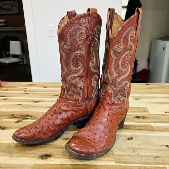 Tony Lama Exotic Leather Ostrich Western Cowboy Boots Style 8875 Size 9.5D Brown - Picture 1 of 14